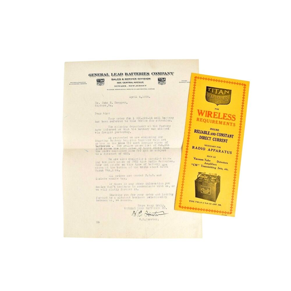 1924 General Lead Batteries Newark NJ Letterhead Titan Battery Brochure